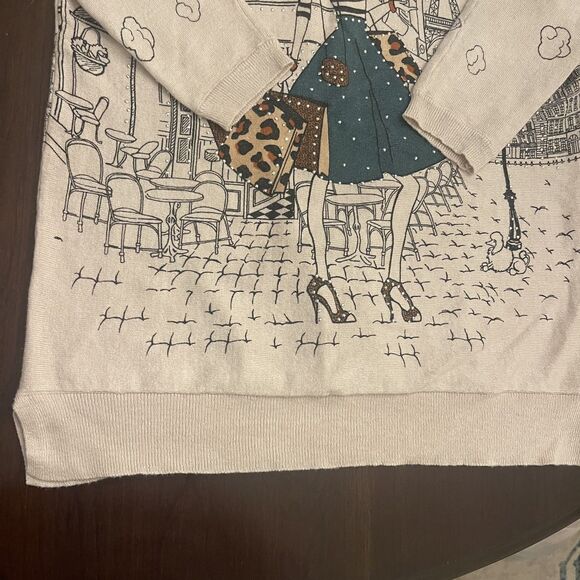 Womens Novelty Graphic Sweater Sz S Beige Parisian Girl Embellished Cute Artsy - Picture 14 of 15